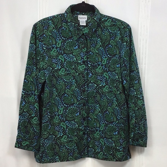 🦚VTG BonWorth Petite Black Teal Paisley Long Sleeve Blouse - Picture 8 of 8